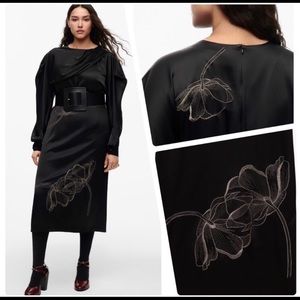 $200 Zara Limited Edition black satin dress midi embroidered metallic floral NWT